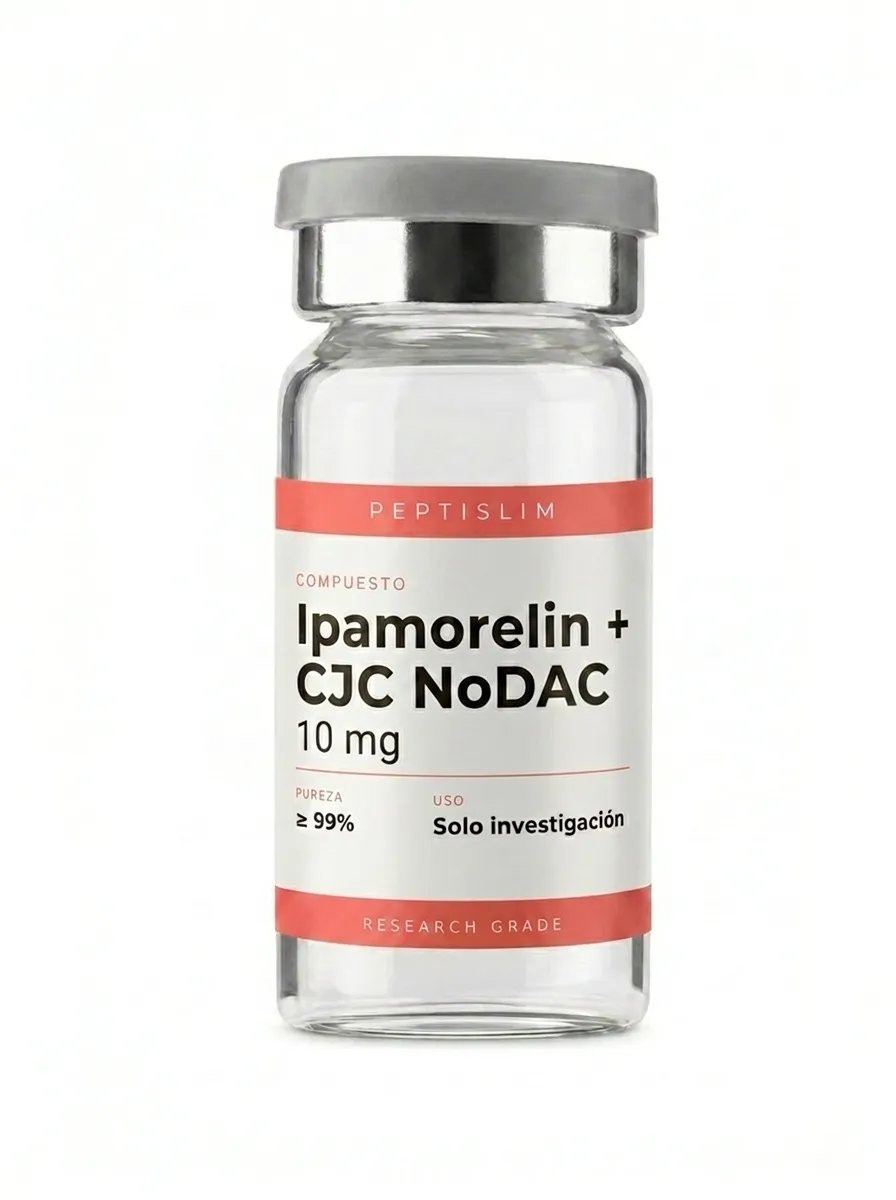 Vial liofilizado 10 mg de Ipamorelin + CJC-1295 No-DAC 10 mg — combinación de secretagogo y análogo ghrh diseñada para investigación sinérgica del eje somatotropo