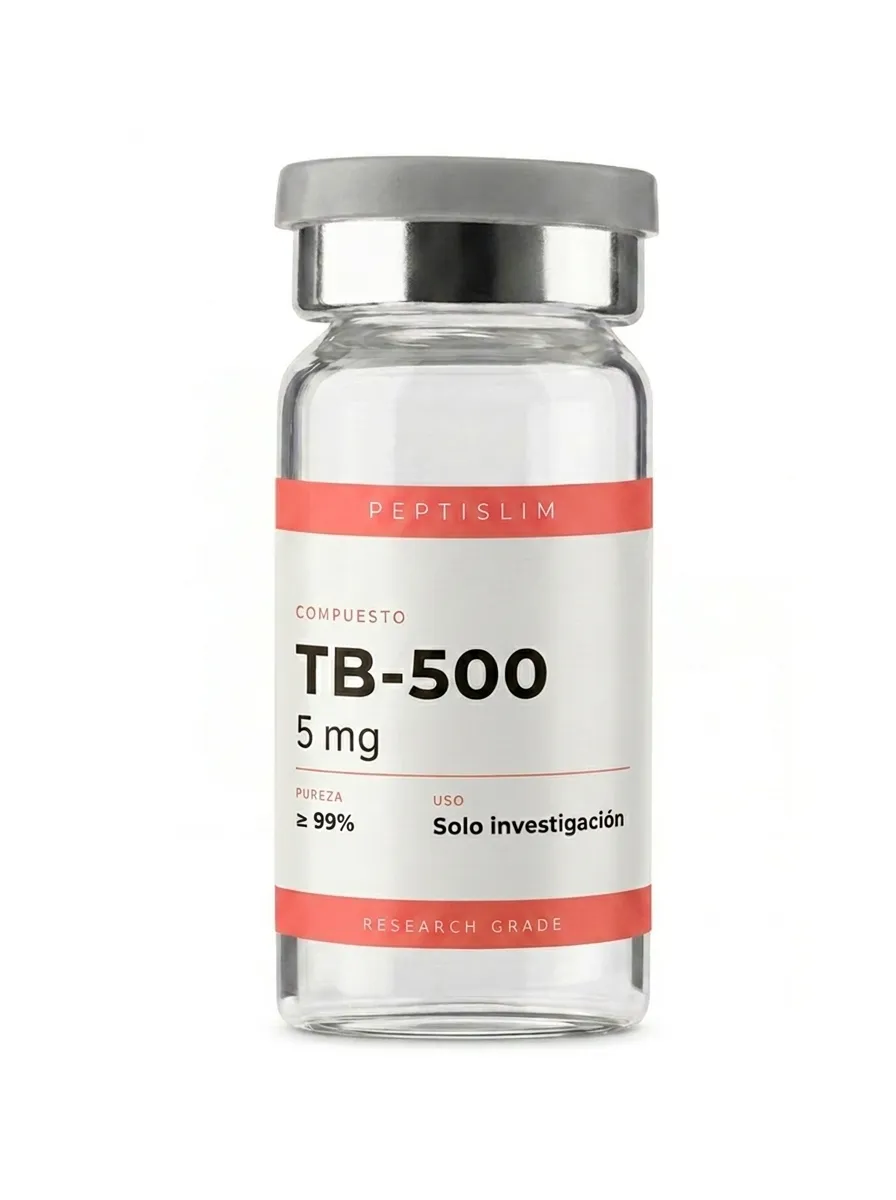 Vial liofilizado 5 mg de TB-500 (Thymosin Beta 4) 5 mg — fragmento relacionado con timosina beta-4 para investigación de migración celular y recuperación de tejidos